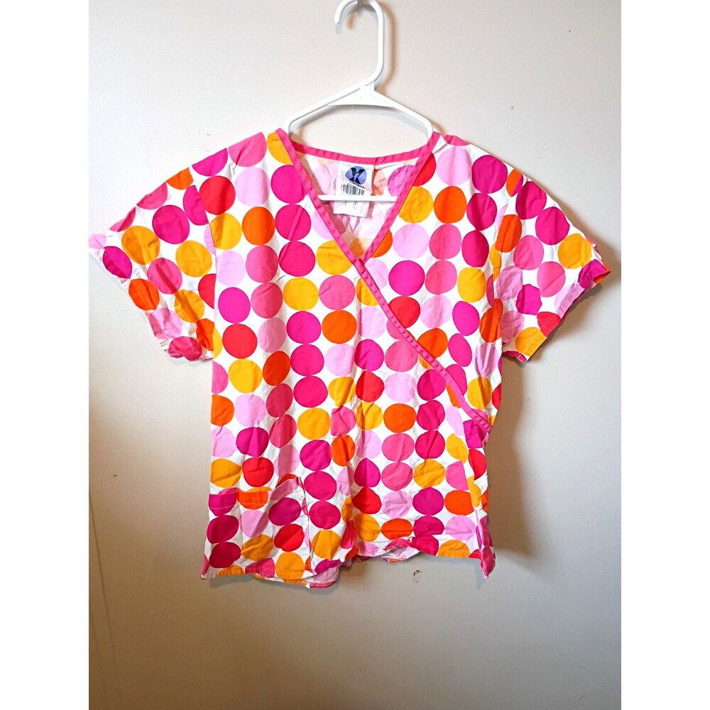Landau Women’s Size 7/9 Wrap Scrub Top Pink Orange Polka Dot 100% Cotton